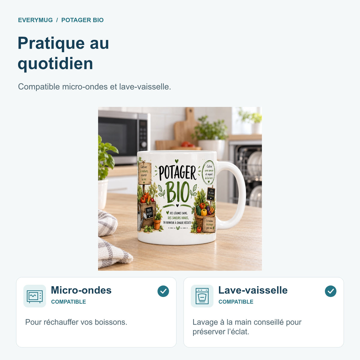 Mug Potager Bio compatible micro-ondes et lave-vaisselle, dans une cuisine