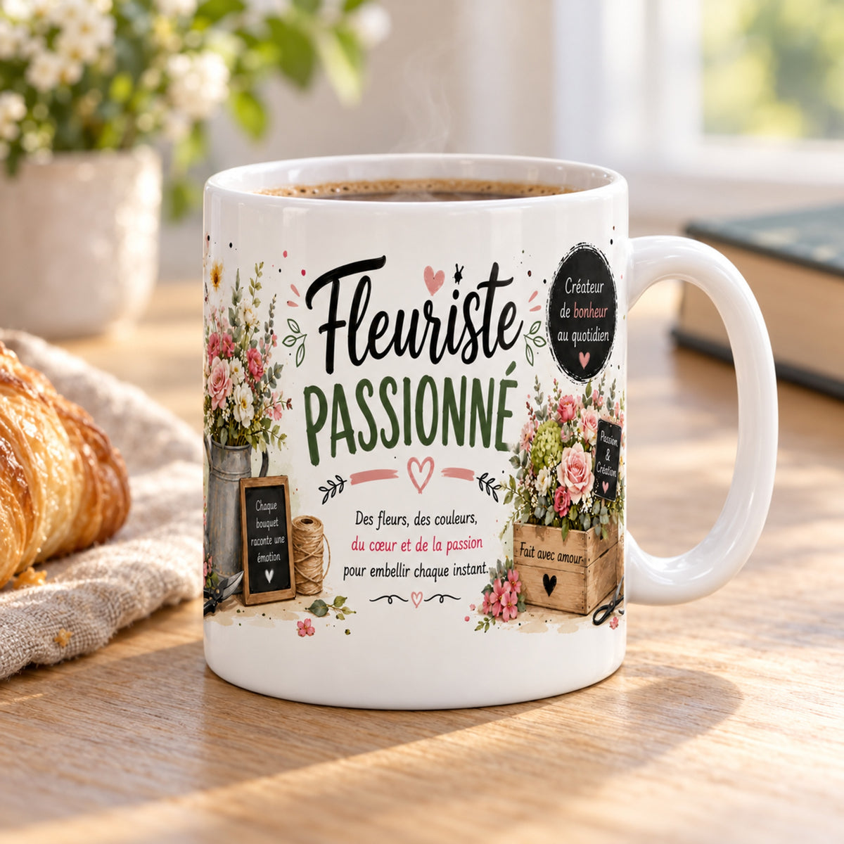 Mug Fleuriste Passionné « Art Floral » posé sur une table en bois avec un croissant, pause café