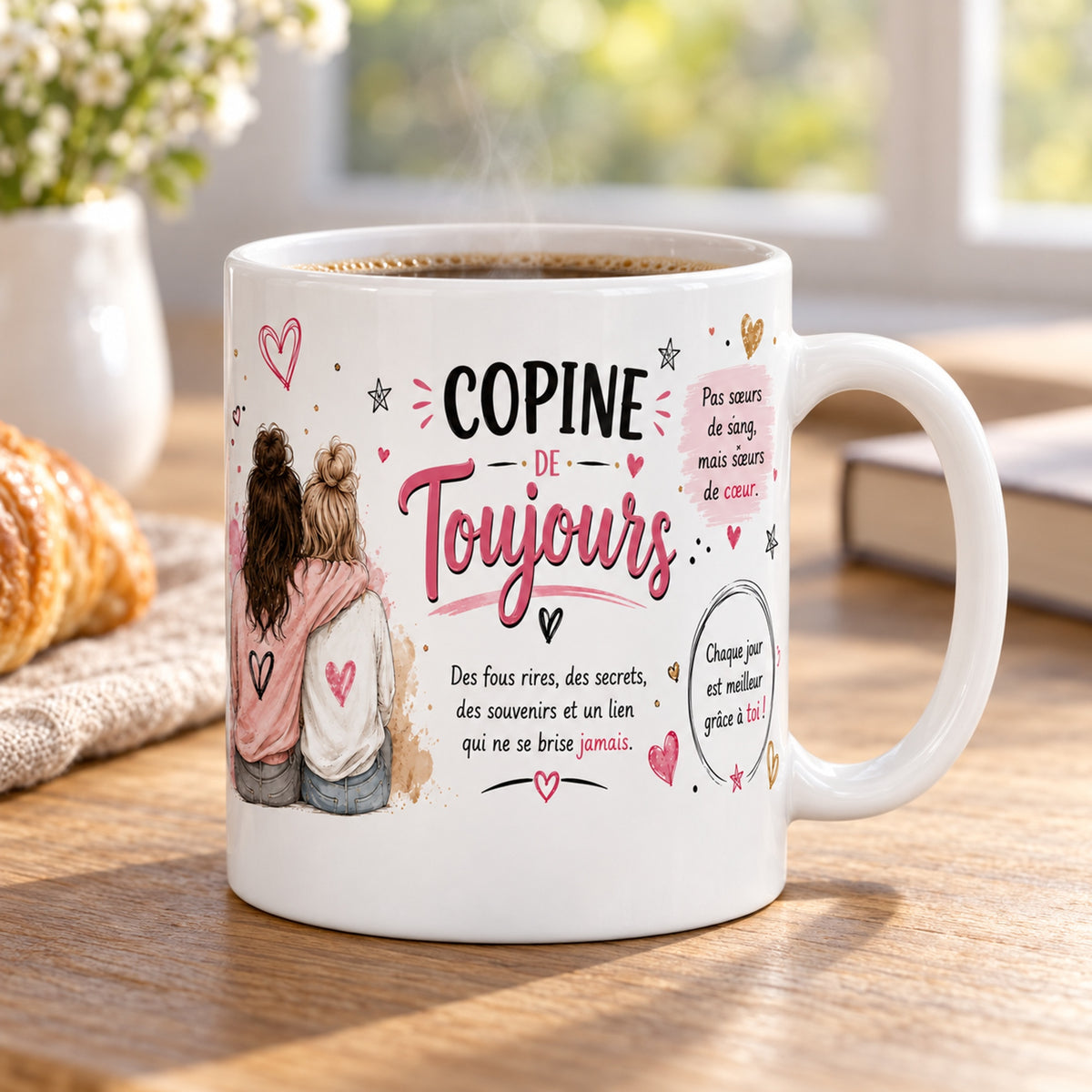 Mug Copine de Toujours « Amie de Longue Date » posé sur une table en bois avec un croissant, pause café