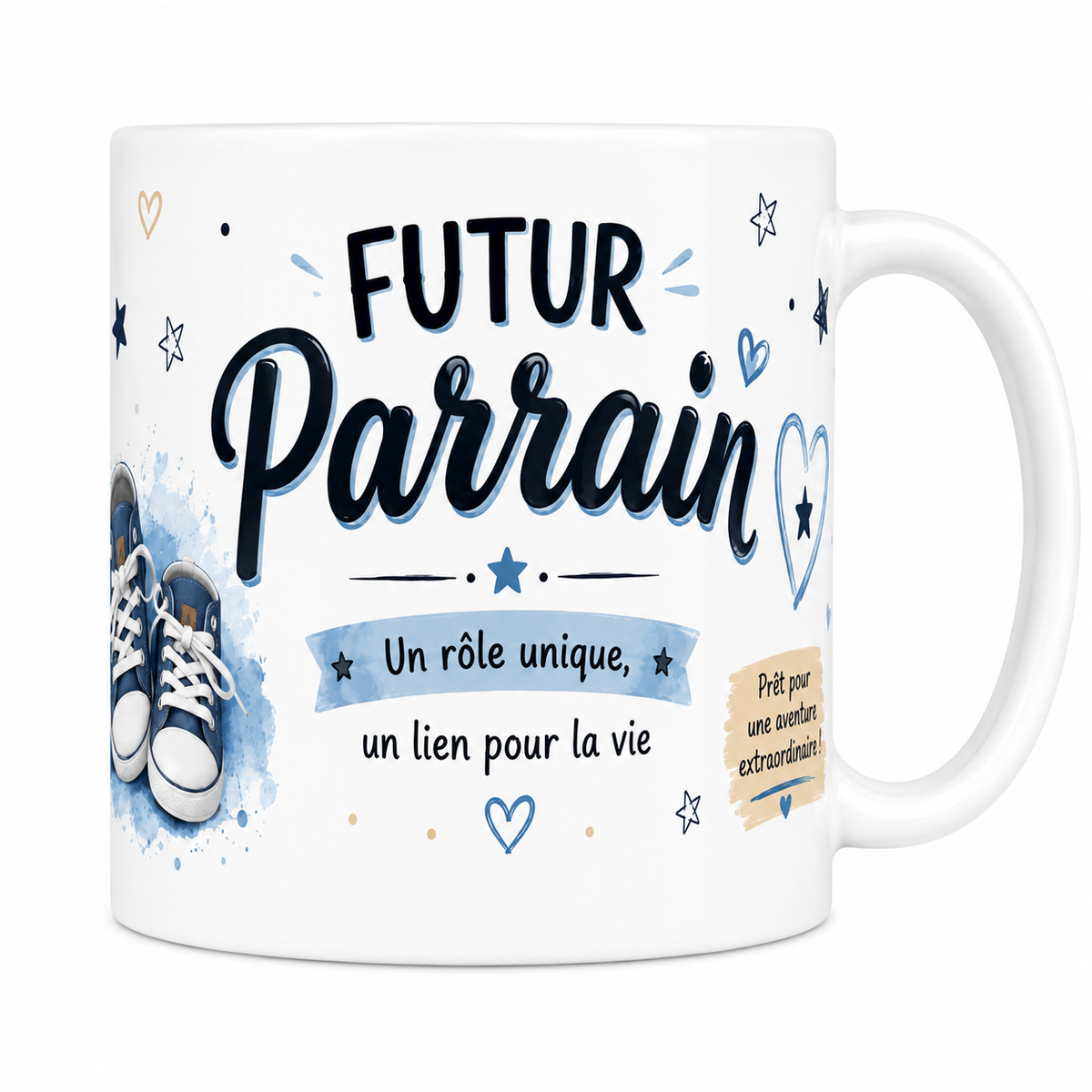 Mug céramique 330 ml « Futur parrain » : petites baskets bleues, cœur bleu et étoiles