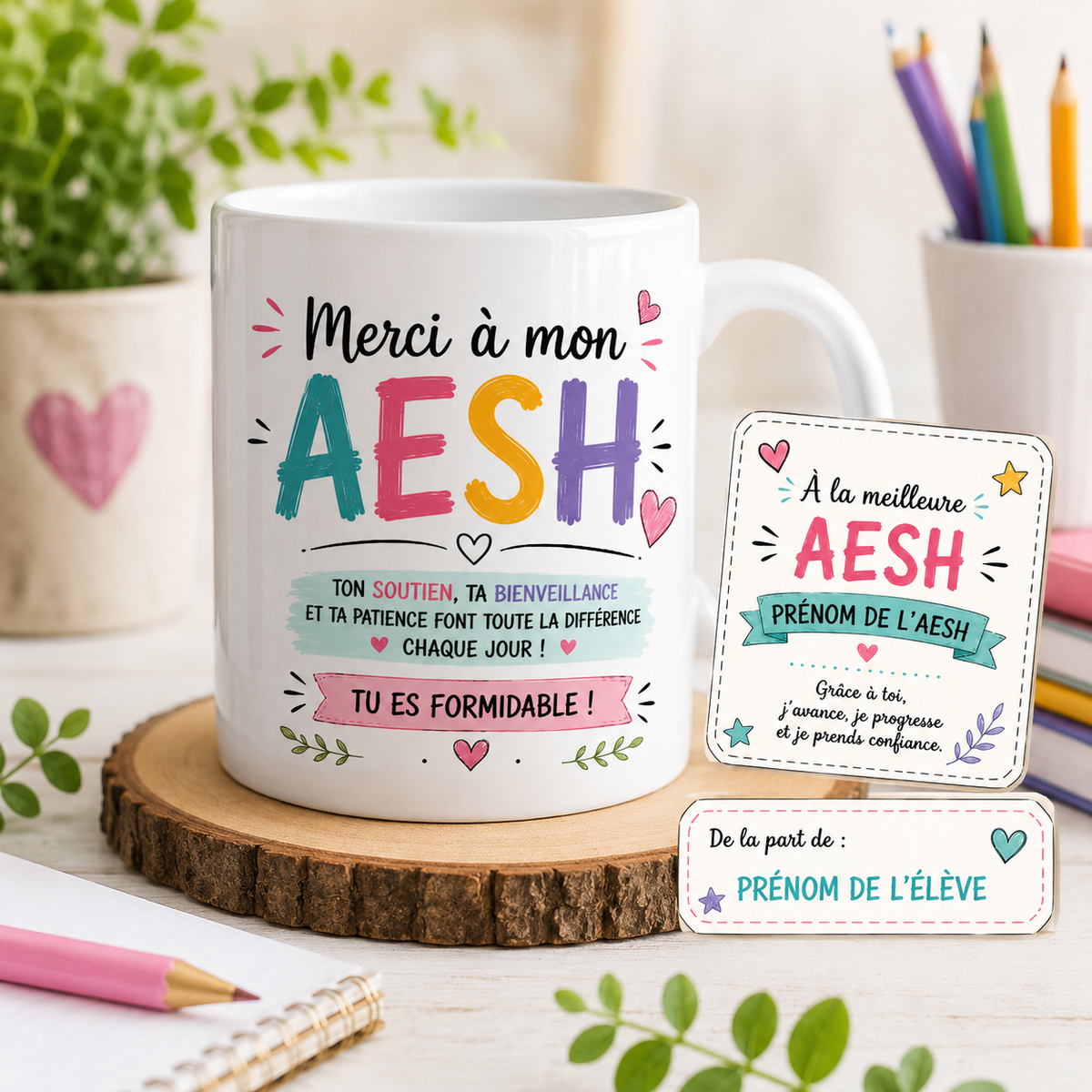 Mug céramique blanc, AESH personnalisé, prénom et élève