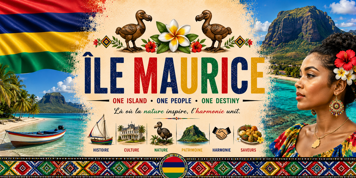 Visuel Île Maurice « One island, one people, one destiny » : dodos, femme à l'hibiscus, voilier et lagon