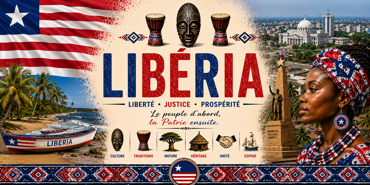 Visuel Libéria : plage, Capitole de Monrovia, monument, tambours et Liberté Justice Prospérité