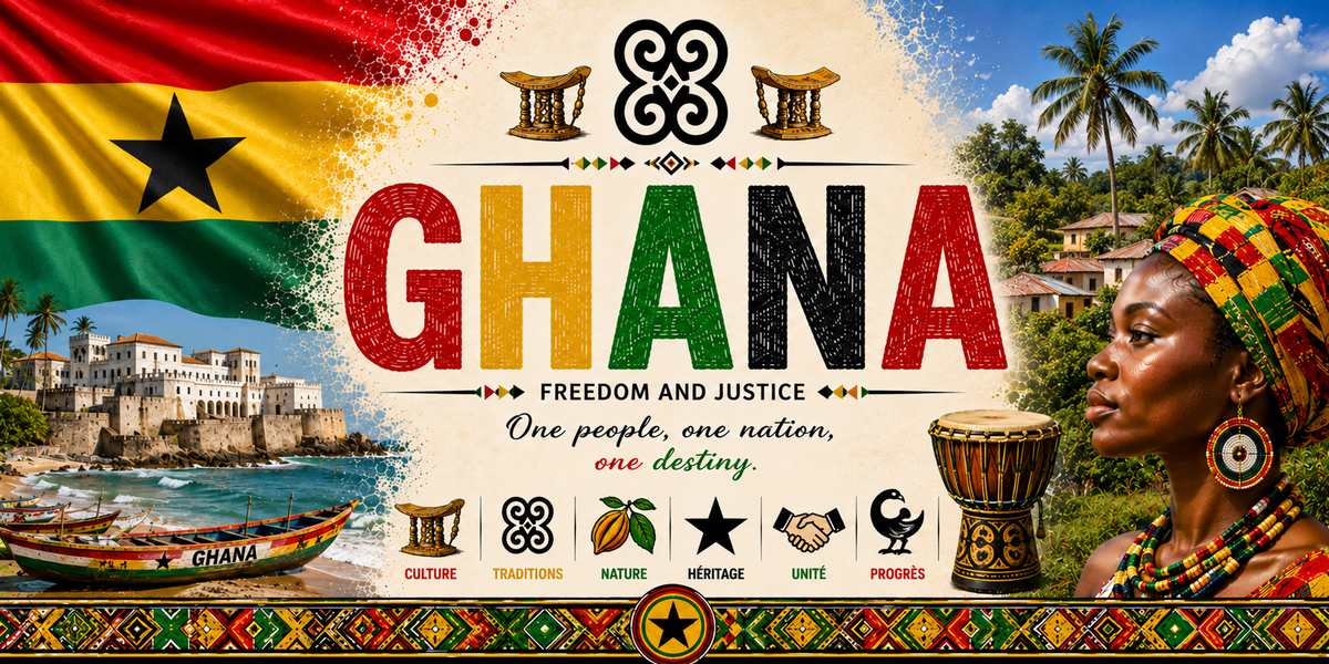Affiche Ghana : le drapeau ghanéen à étoile noire à gauche, le titre GHANA en lettres rouges, jaunes et vertes surmonté de symboles adinkra et de deux tabourets sculptés, la devise « Freedom and Justice » et « One people, one nation, one destiny », les mots Culture, Traditions, Nature, Héritage, Unité, Progrès avec leurs pictogrammes, un fort blanc au bord de l'océan et une pirogue, un tambour djembé, un portrait de femme en coiffe kente et une frise tissée colorée