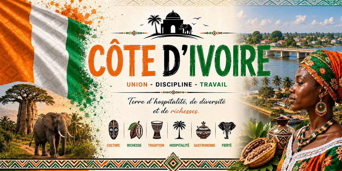 Affiche COTE D'IVOIRE : le drapeau ivoirien, la devise Union - Discipline - Travail, la phrase Terre d'hospitalite, de diversite et de richesses, les icones culture, richesse, tradition, hospitalite, gastronomie et fierte, un baobab et un elephant, une lagune et un pont urbain, et une femme en tenue traditionnelle portant des cabosses de cacao