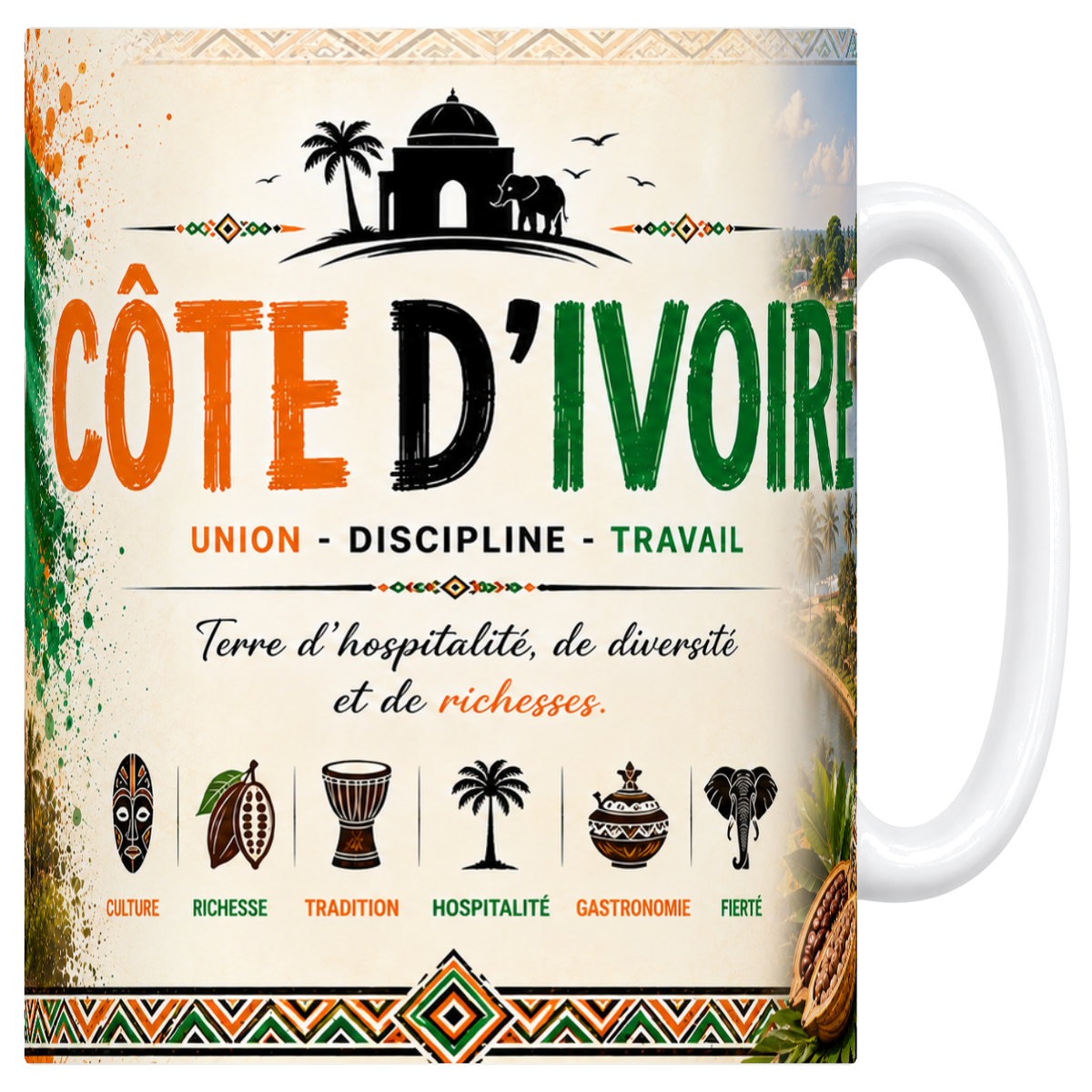Mug blanc en ceramique 330 ml illustre sur le theme de la Cote d'Ivoire