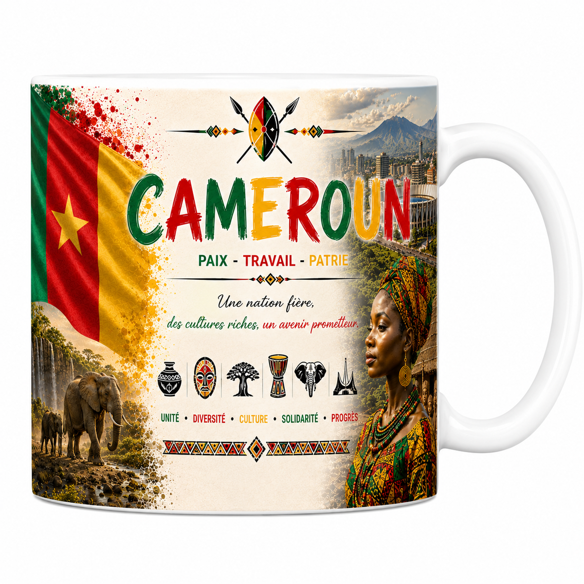 Mug souvenir Cameroun en céramique blanche, drapeau, éléphants et statues Bamiléké imprimés