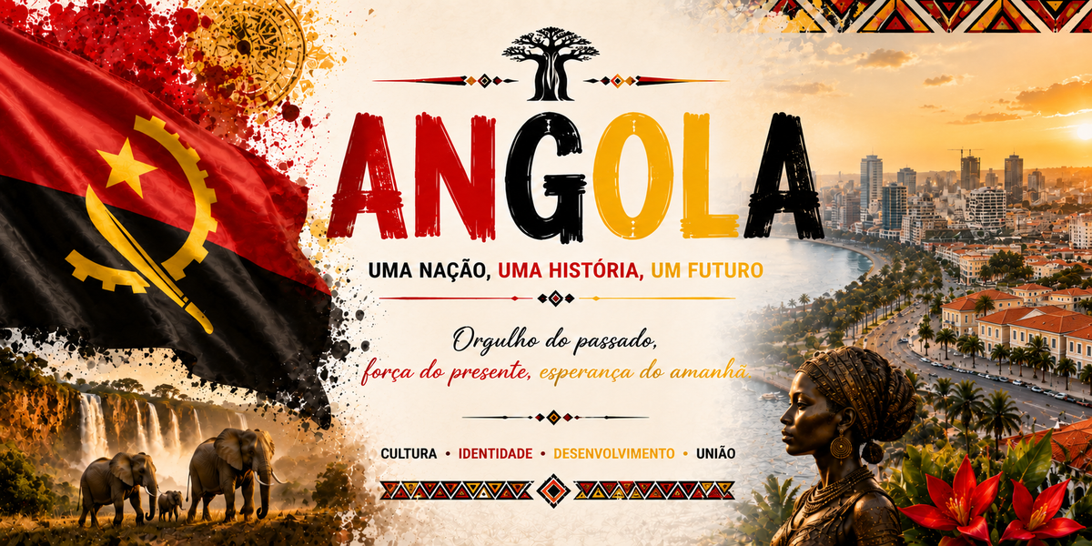 Affiche Angola : le drapeau angolais à gauche, le titre ANGOLA en lettres rouges, jaunes et noires sous un baobab stylisé, les mentions « Uma nação, uma história, um futuro » et « Orgulho do passado, força do presente, esperança do amanhã », les mots Cultura, Identidade, Desenvolvimento, União, des chutes d'eau et des éléphants en bas, la baie et les immeubles de Luanda à droite, un portrait de femme aux tresses et des fleurs rouges, avec des frises géométriques colorées