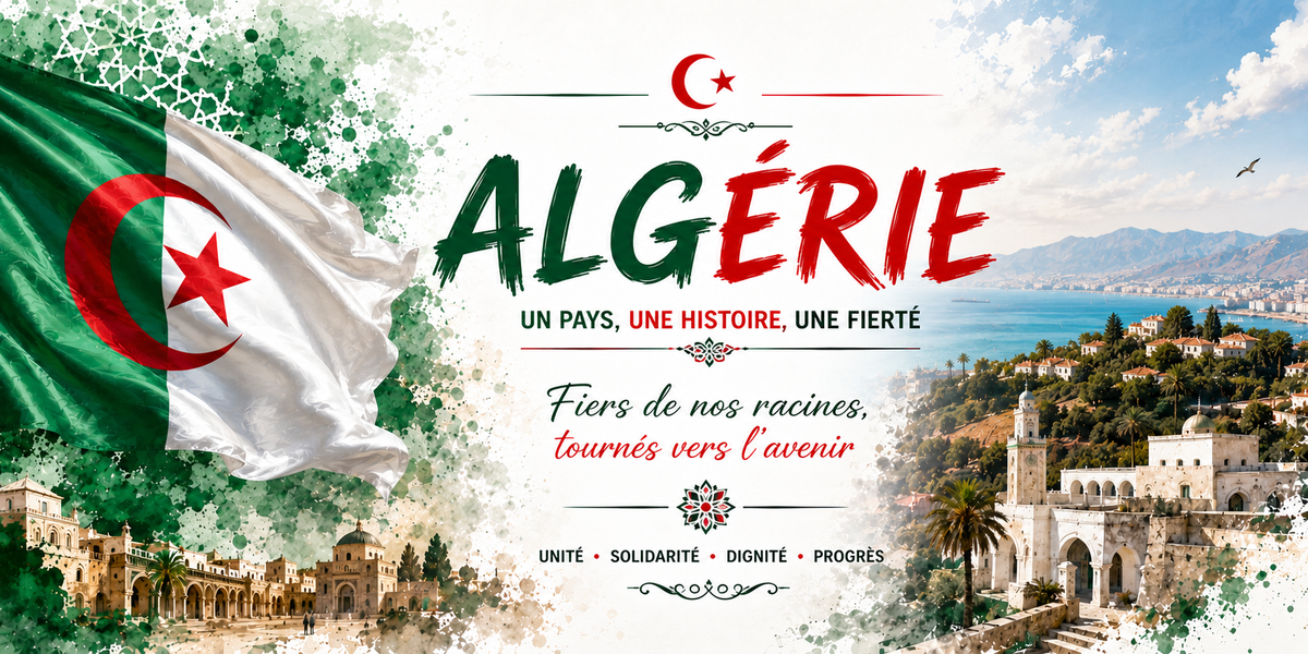 Affiche Algérie : le drapeau algérien à gauche, le titre ALGÉRIE en vert et rouge sous un croissant et une étoile, les mentions « Un pays, une histoire, une fierté » et « Fiers de nos racines, tournés vers l'avenir », les mots Unité, Solidarité, Dignité, Progrès, une mosquée à arcades et sa cour, la baie et les collines d'Alger avec ses palmiers et ses maisons blanches, et des motifs géométriques en fond