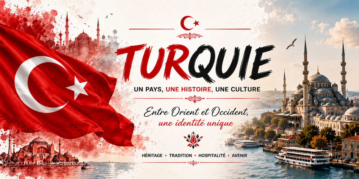 Affiche TURQUIE : le drapeau turc, le sous-titre Un pays, une histoire, une culture et la phrase Entre Orient et Occident, une identite unique, les mots heritage, tradition, hospitalite et avenir, des coupoles et des minarets en filigrane a gauche, et une grande mosquee ottomane au bord du Bosphore avec ses bateaux a droite