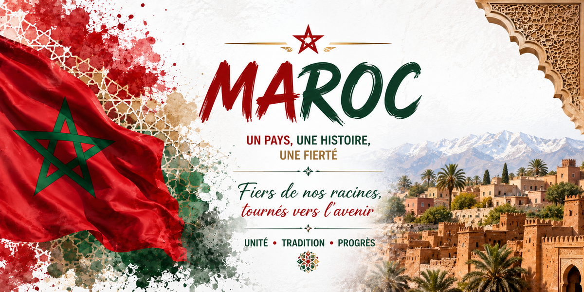Affiche Maroc : le drapeau marocain à gauche, le titre MAROC en rouge et vert sous une étoile, les mentions « Un pays, une histoire, une fierté » et « Fiers de nos racines, tournés vers l'avenir », les mots Unité, Tradition, Progrès, une kasbah de terre rouge et ses palmiers à droite, les sommets enneigés de l'Atlas au fond et un décor d'arc mauresque sculpté