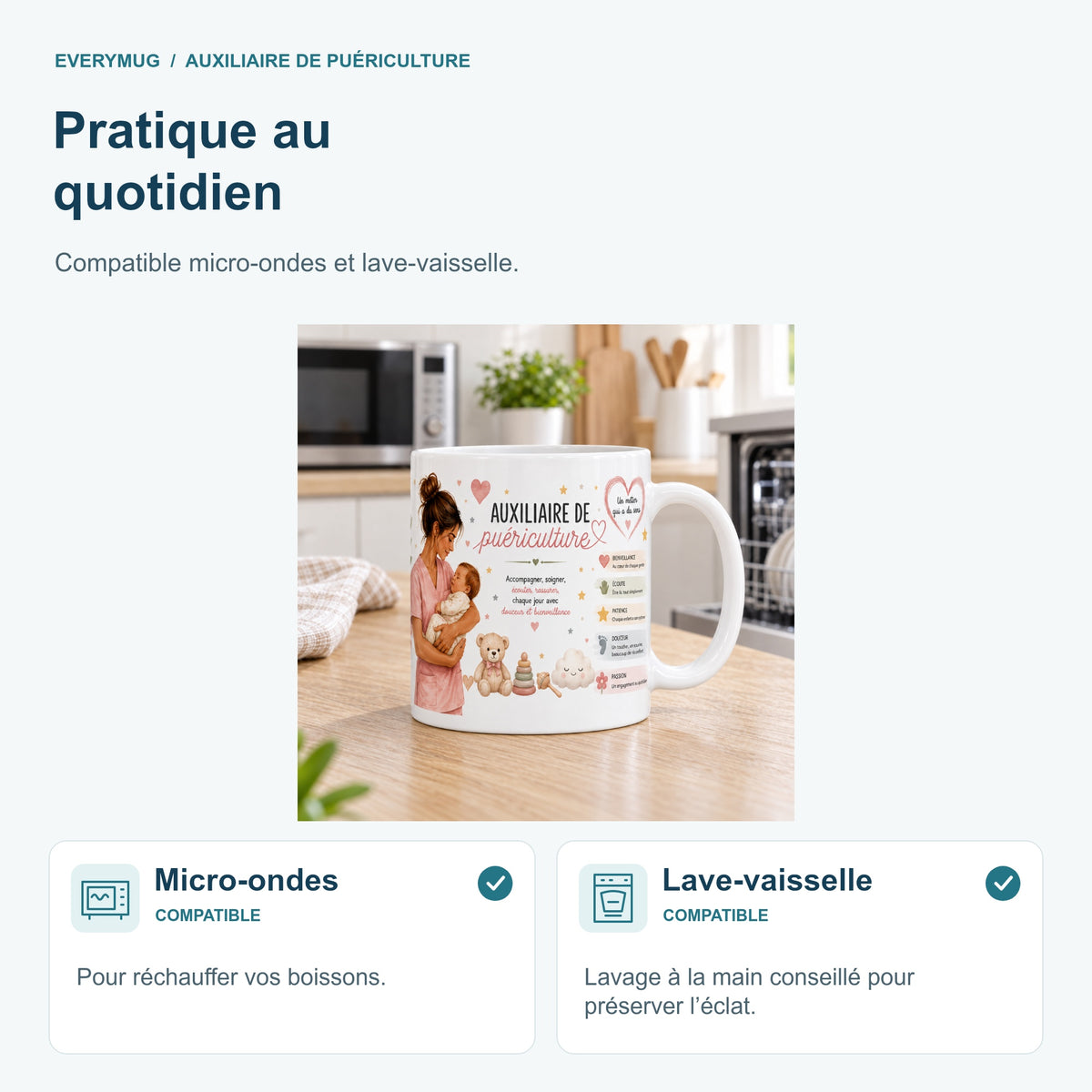 Mug Auxiliaire de Puériculture compatible micro-ondes et lave-vaisselle, dans une cuisine