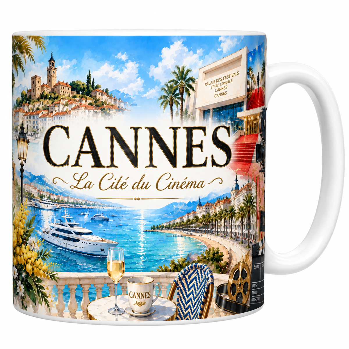 Mug blanc en céramique, anse à droite, illustré d'une aquarelle de Cannes : la vieille ville du Suquet et son clocher, des yachts dans le port, la Croisette bordée de palmiers, le tapis rouge du Palais des Festivals et le titre « Cannes — La Cité du Cinéma »