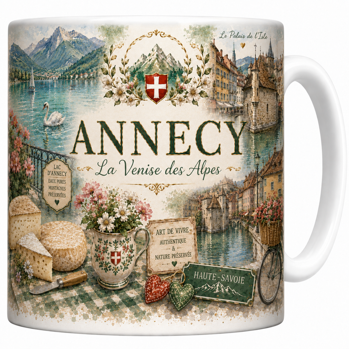 Mug blanc en céramique 330 ml illustré d'une aquarelle d'Annecy