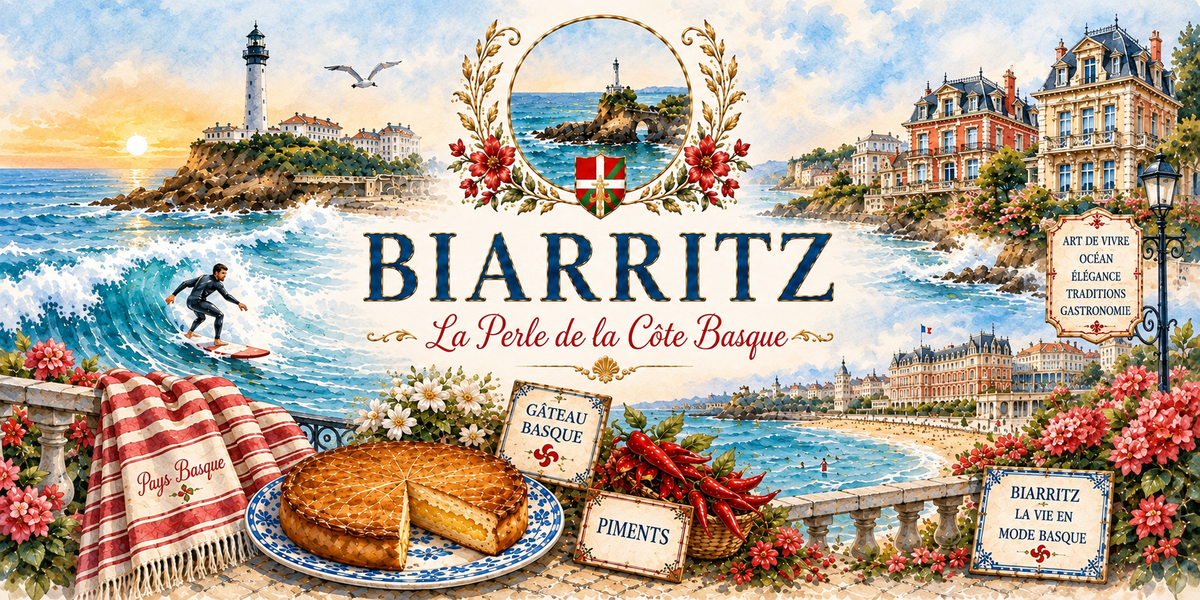 Aquarelle de Biarritz : le titre BIARRITZ et le sous-titre « La Perle de la Côte Basque » dans une couronne fleurie, le phare sur sa pointe et un surfeur dans la vague à gauche, le rocher percé au centre, la grande plage et les façades du front de mer à droite, un linge basque rayé, un gâteau basque entamé et un panonceau PIMENTS