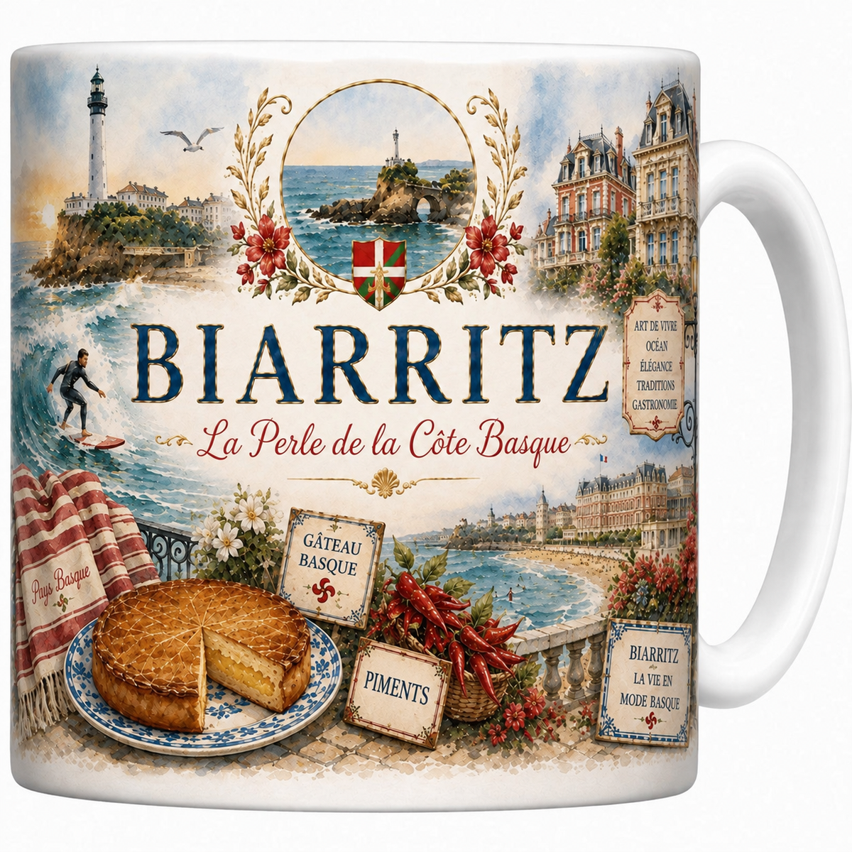 Mug blanc en céramique 330 ml illustré d'une aquarelle de Biarritz