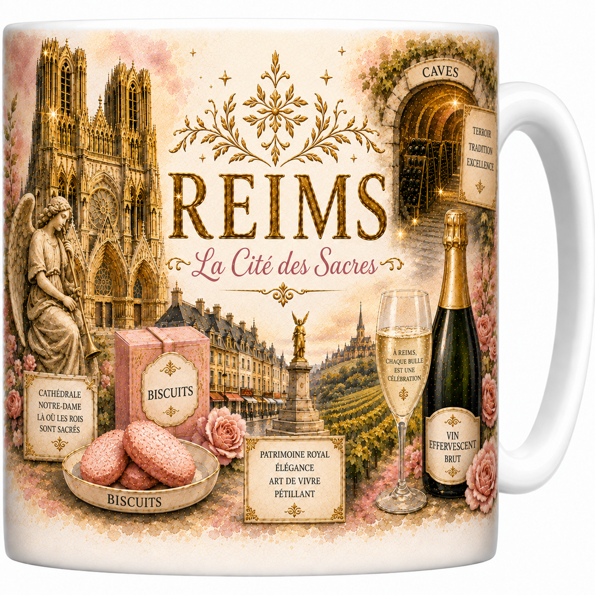 Mug blanc en ceramique 330 ml illustre d'une aquarelle de Reims