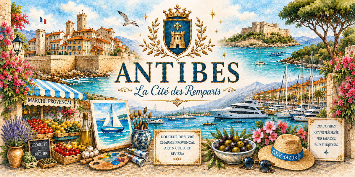 Aquarelle d'Antibes : le titre ANTIBES et le sous-titre « La Cité des Remparts » sous un écusson, les remparts et la vieille ville à gauche, le cap boisé et le port de plaisance à droite, un étal de marché provençal, une toile de voilier sur chevalet, des pinceaux, un bol d'olives, un chapeau de paille et un pin parasol