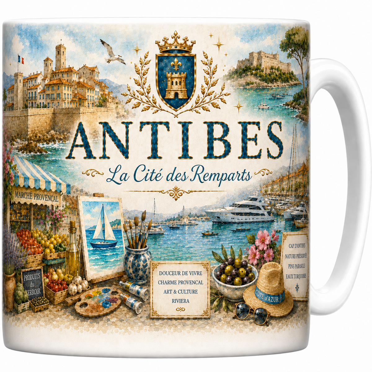 Mug blanc en céramique 330 ml illustré d'une aquarelle d'Antibes