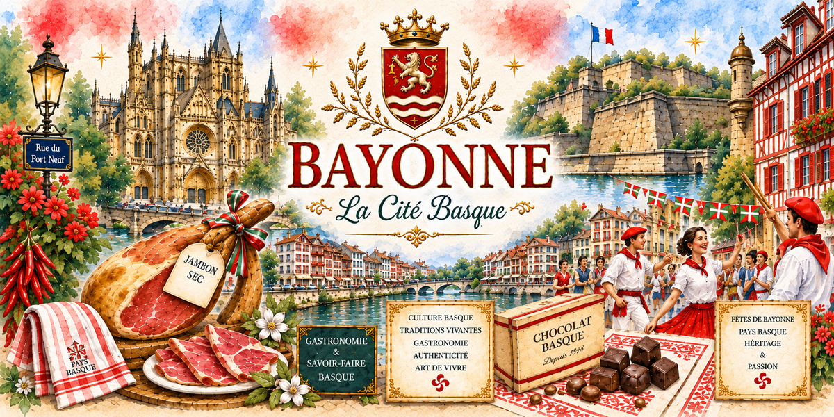 Aquarelle de Bayonne : le titre BAYONNE et le sous-titre « La Cité Basque » sous un écusson, la cathédrale gothique à gauche, les quais de la Nive et ses maisons à colombages rouges, les remparts à droite, un jambon sec entier et ses tranches, une guirlande de piments, un linge basque, une boîte de chocolats et une scène de fête en tenue blanche et rouge