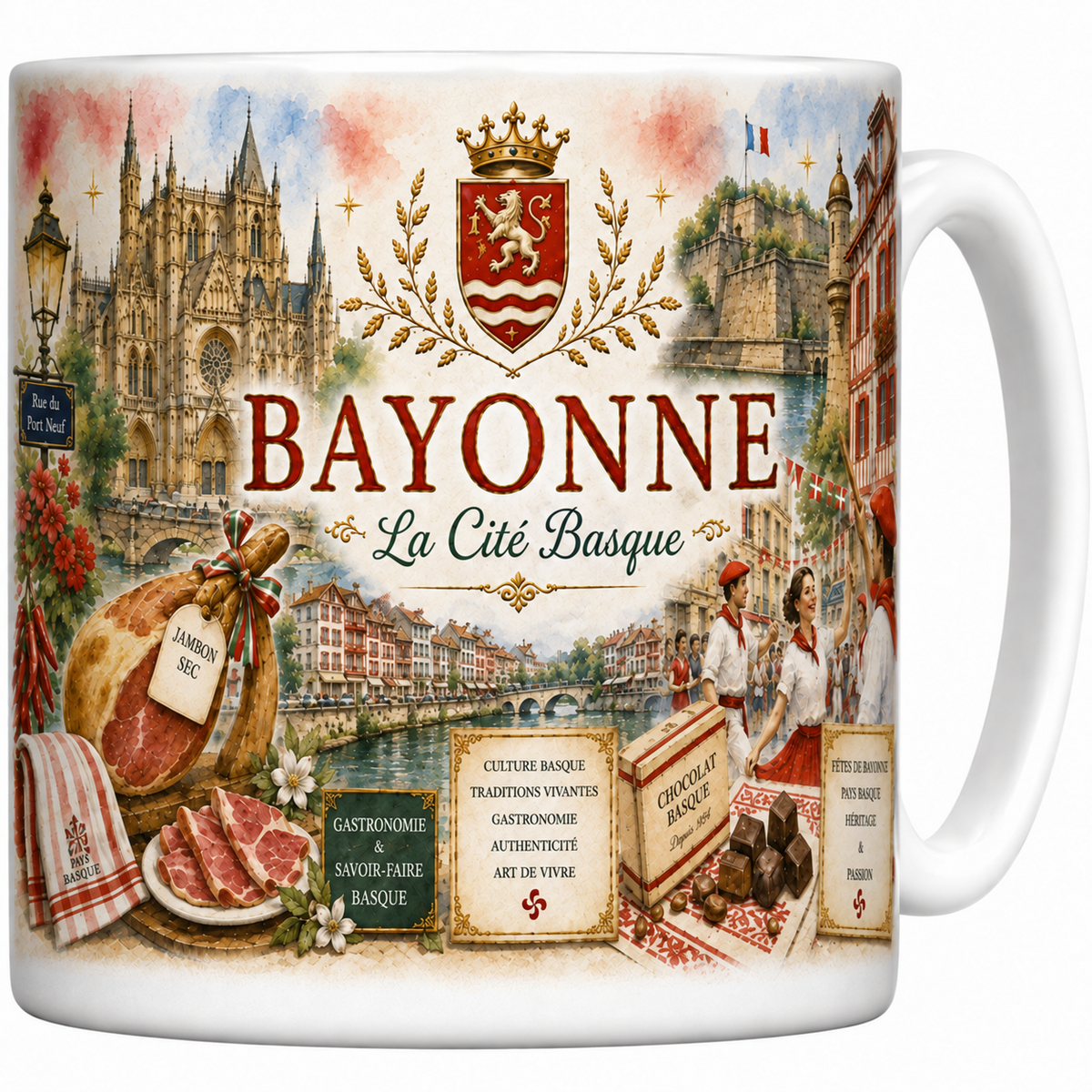 Mug blanc en céramique 330 ml illustré d'une aquarelle de Bayonne