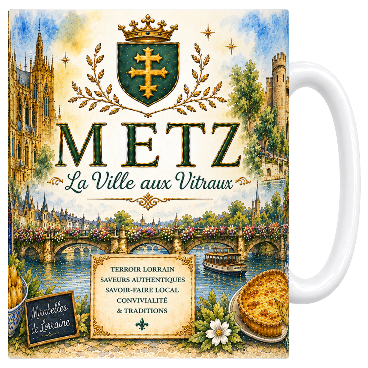 Mug céramique blanc 330 ml, illustration aquarelle de Metz : cathédrale gothique et Moselle