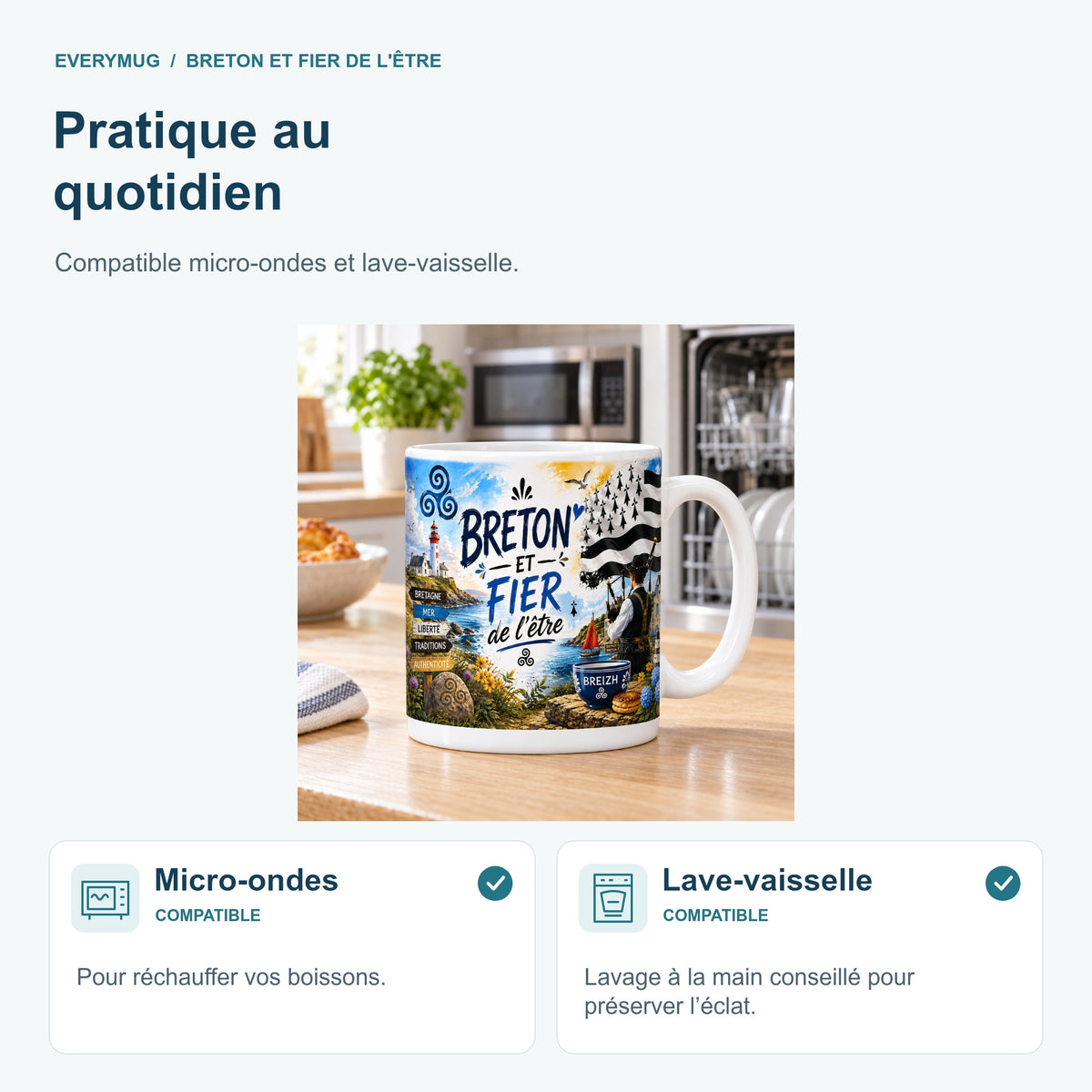 Mug Breton et Fier de l'Être compatible micro-ondes et lave-vaisselle, dans une cuisine