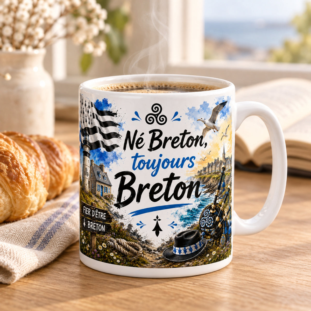 Mug Né Breton, Toujours Breton « Fierté Bretonne » posé sur une table en bois avec un croissant, pause café