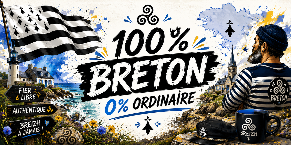 Visuel 100% Breton 0% ordinaire : marin en marinière, béret, bol Breizh, triskell et panneaux Fier et libre