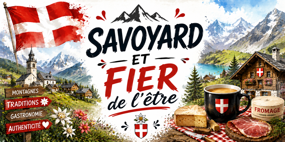 Affiche SAVOYARD ET FIER DE L'ETRE : un drapeau a la croix de Savoie, des sommets enneiges, un village et son clocher, un chalet de bois fleuri, un panneau montagnes, traditions, gastronomie et authenticite, des edelweiss, un mug a la croix, une meule de fromage sans marque, de la charcuterie et une planche a decouper