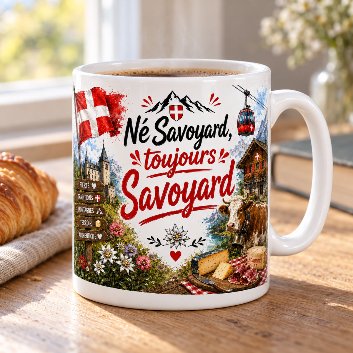 Mug Né Savoyard, Toujours Savoyard « Fierté de Savoie » posé sur une table en bois avec un croissant, pause café