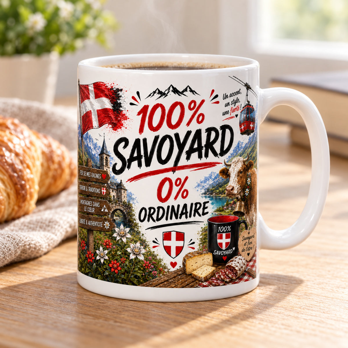 Mug 100% Savoyard, 0% Ordinaire « Fierté de Savoie » posé sur une table en bois avec un croissant, pause café