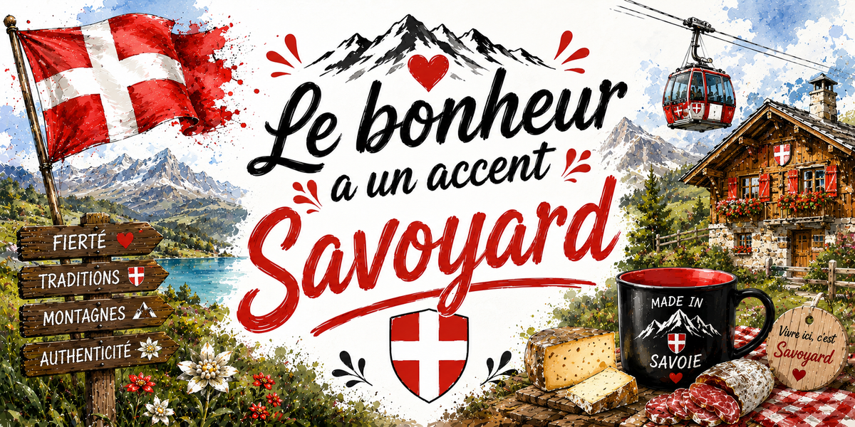 Visuel Le bonheur a un accent savoyard : chalet fleuri, télécabine, mug Made in Savoie et Vivre ici c'est savoyard