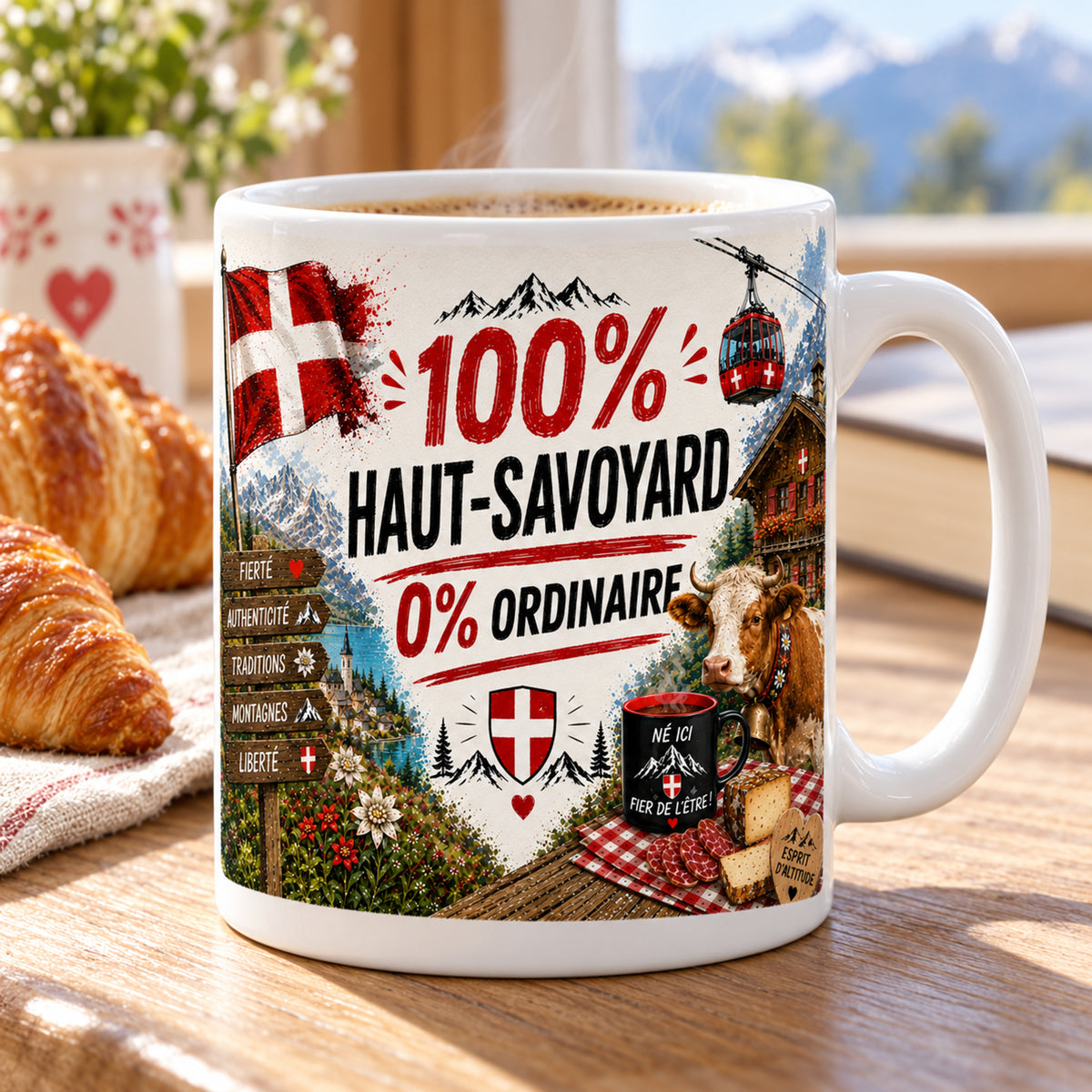 Mug 100% Haut-Savoyard, 0% Ordinaire « Né Ici, Fier de l'Être » posé sur une table en bois avec un croissant, pause café