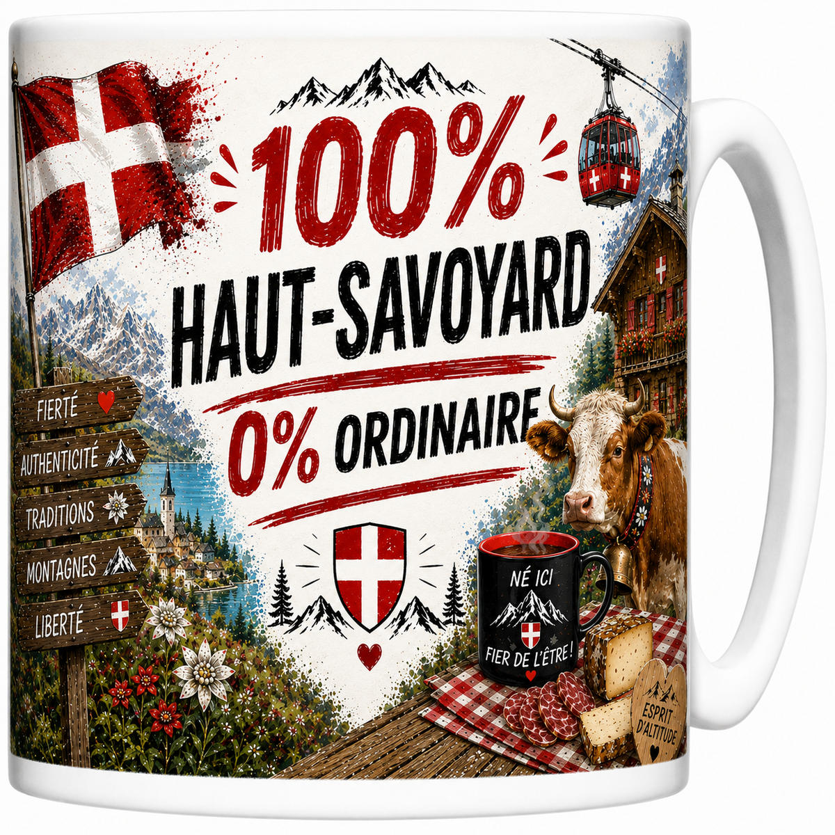 Mug 100% Haut-Savoyard 0% ordinaire en céramique, croix de Savoie, lac et chalet imprimés
