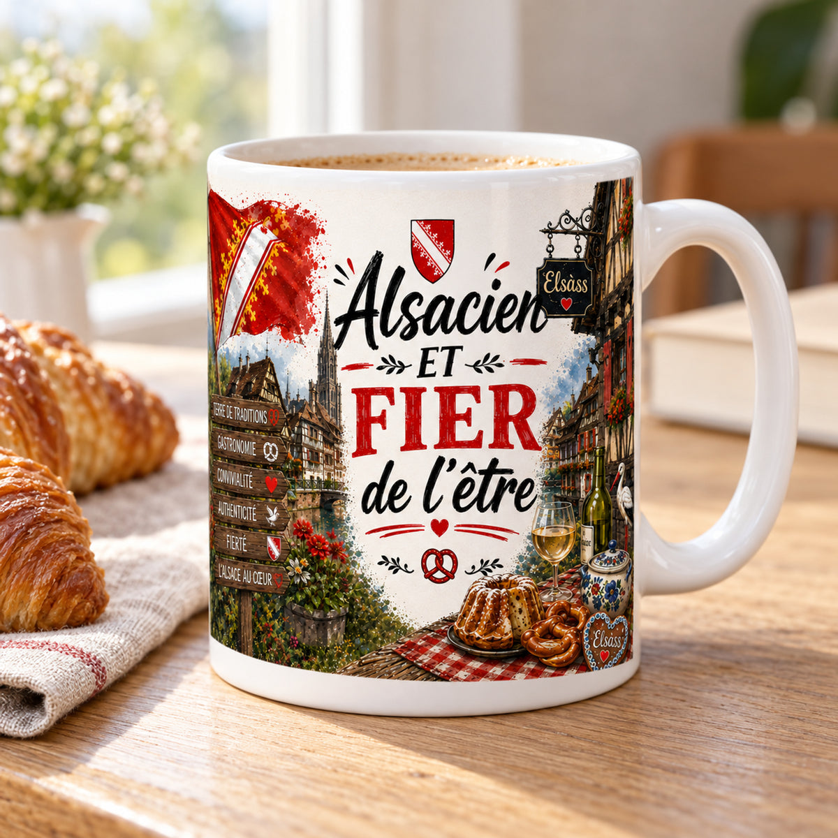 Mug Alsacien et Fier de l'Être « Terre de Traditions » posé sur une table en bois avec un croissant, pause café
