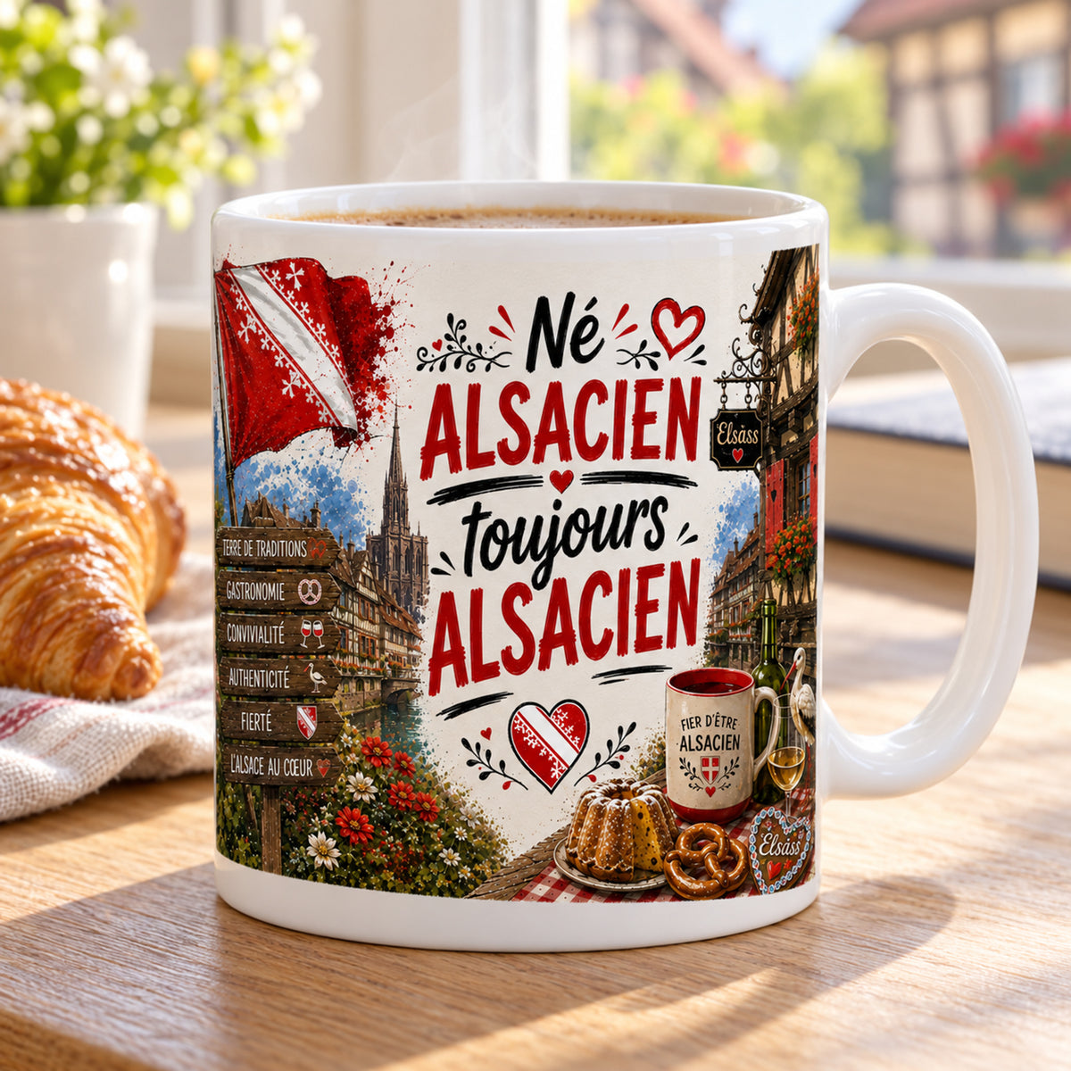 Mug Né Alsacien, Toujours Alsacien « L'Alsace au Cœur » posé sur une table en bois avec un croissant, pause café