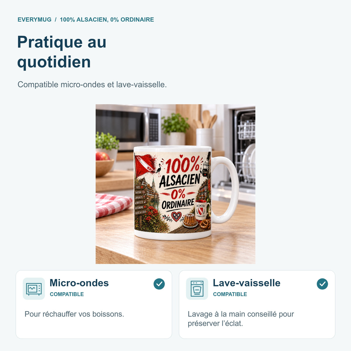 Mug 100% Alsacien, 0% Ordinaire compatible micro-ondes et lave-vaisselle, dans une cuisine