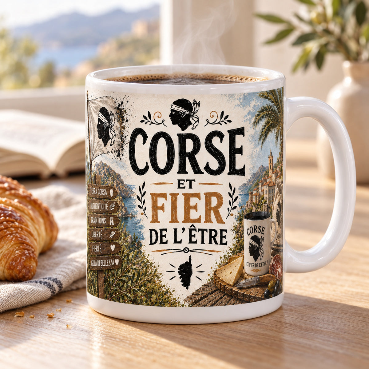 Mug Corse et Fier de l'Être « Isula di Bellezza » posé sur une table en bois avec un croissant, pause café