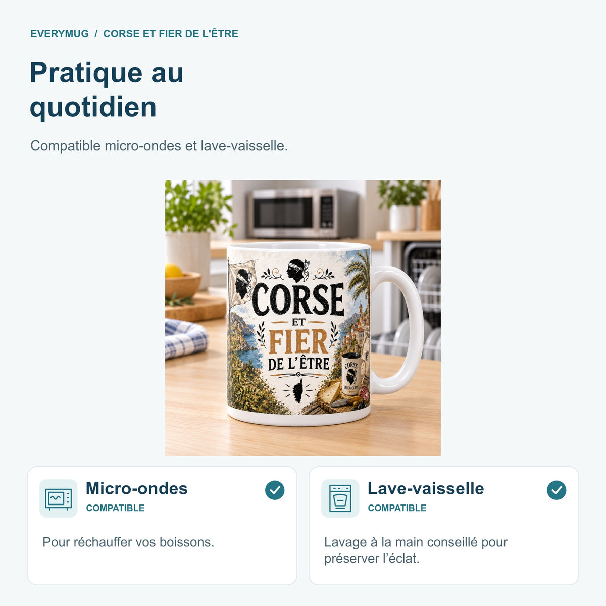 Mug Corse et Fier de l'Être compatible micro-ondes et lave-vaisselle, dans une cuisine