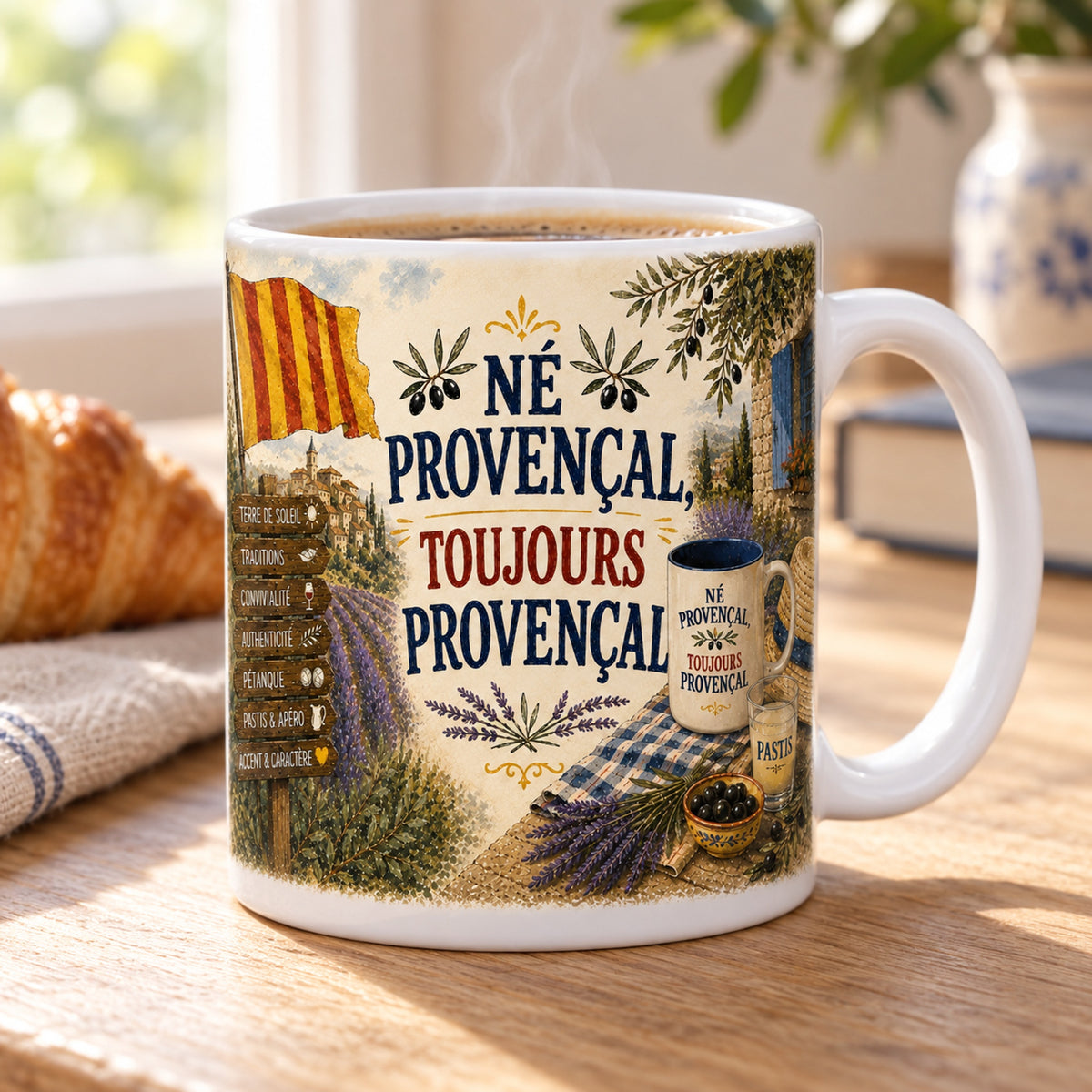 Mug Né Provençal, Toujours Provençal « L'Accent au Cœur » posé sur une table en bois avec un croissant, pause café