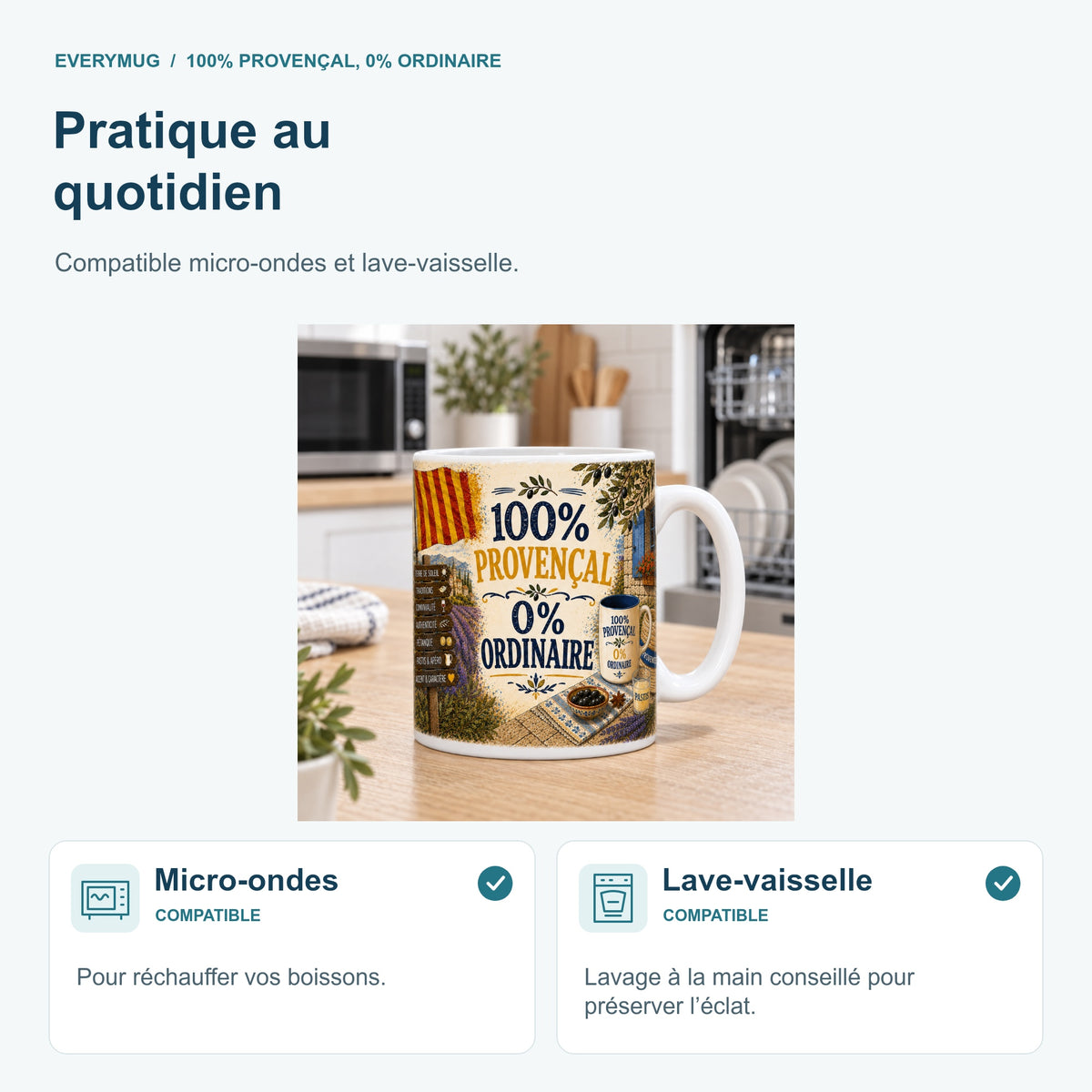 Mug 100% Provençal, 0% Ordinaire compatible micro-ondes et lave-vaisselle, dans une cuisine