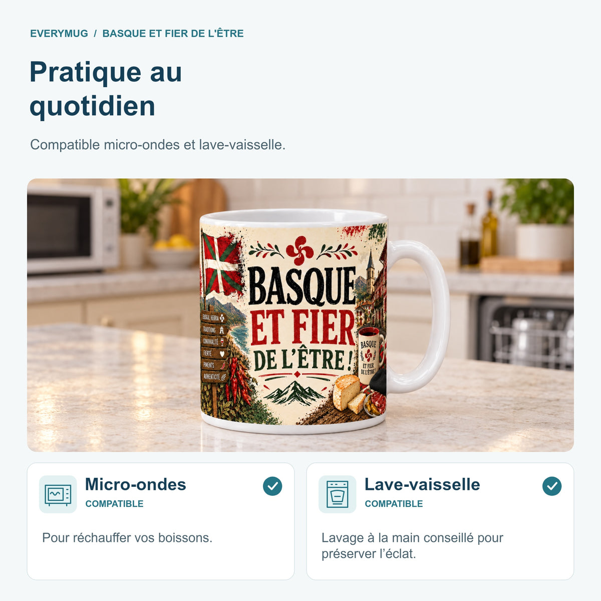 Mug Basque et Fier de l'Être compatible micro-ondes et lave-vaisselle, dans une cuisine