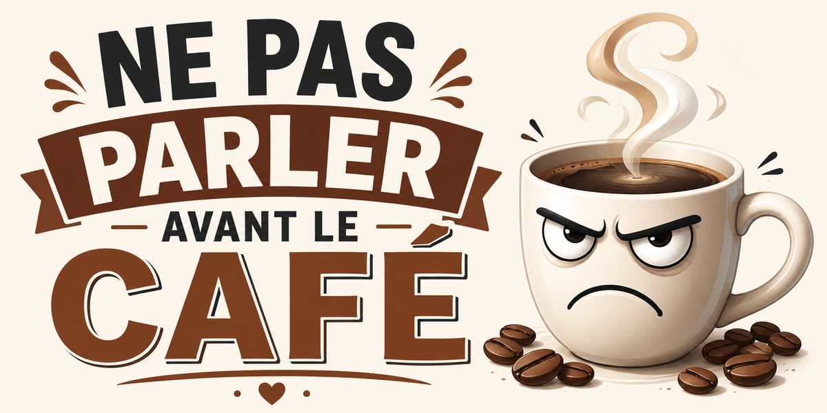 Visuel Ne pas parler avant le café : tasse au visage grognon, vapeur et grains de café torréfiés