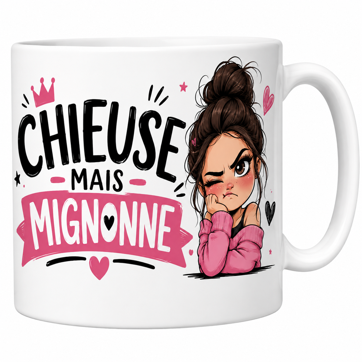 Mug Chieuse mais mignonne 330 ml, bannière rose, brunette au chignon qui boude avec un clin d'œil