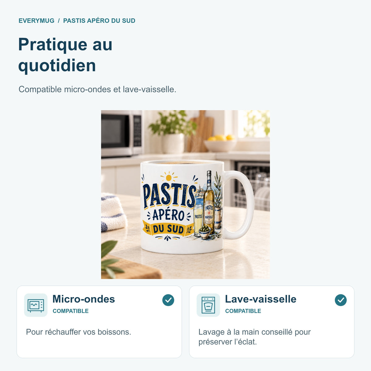 Mug Pastis Apéro du Sud compatible micro-ondes et lave-vaisselle, dans une cuisine