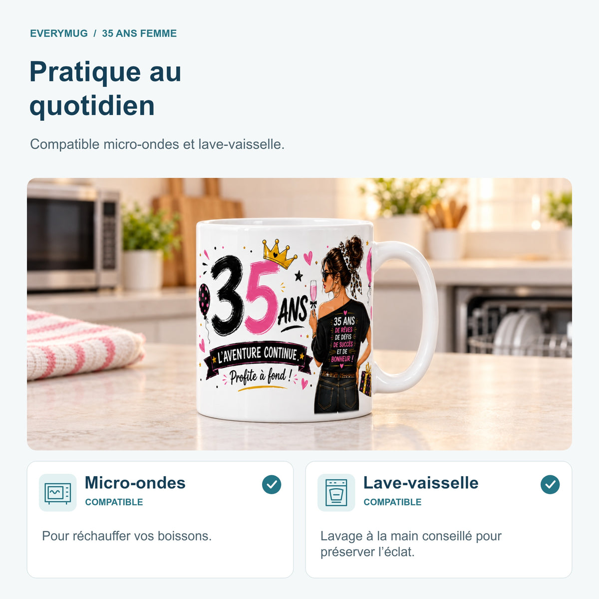 Mug 35 ans Femme compatible micro-ondes et lave-vaisselle, dans une cuisine