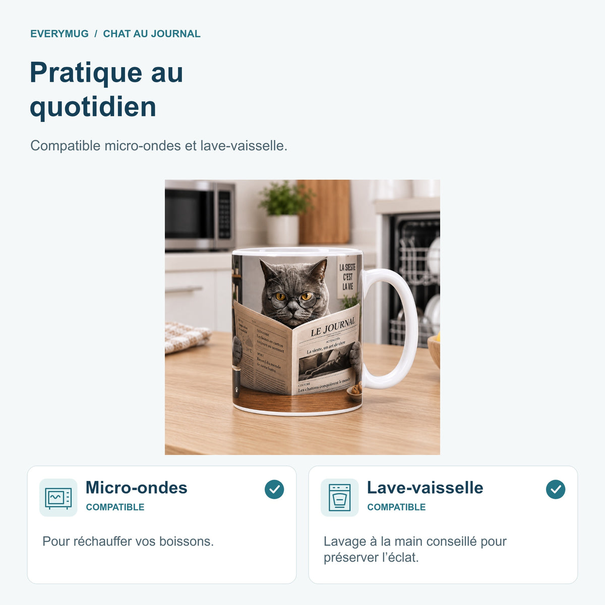 Mug Chat au Journal compatible micro-ondes et lave-vaisselle, dans une cuisine