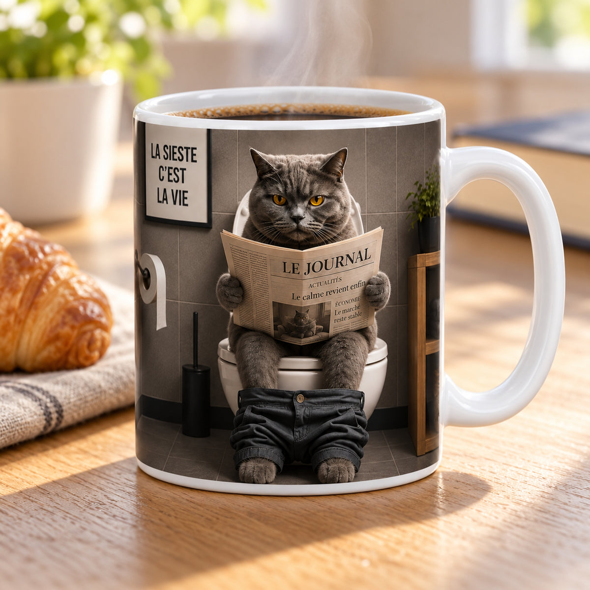 Mug Chat aux Toilettes « Le Calme Revient Enfin » posé sur une table en bois avec un croissant, pause café