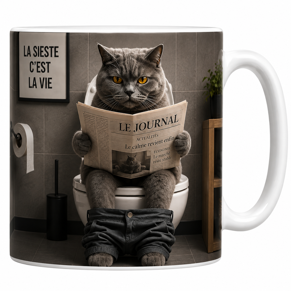 Mug chat aux toilettes en céramique blanche, chartreux jean sur les chevilles plongé dans son journal